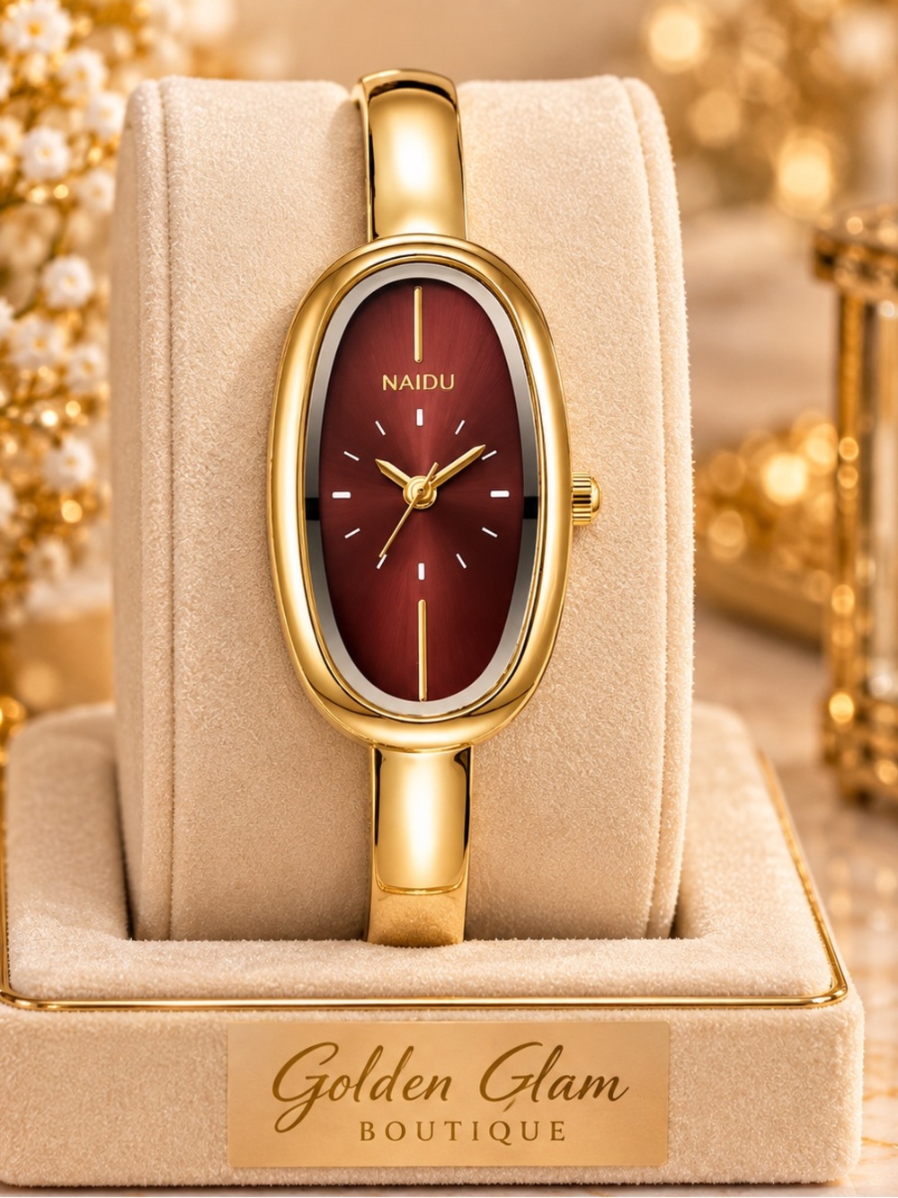 Gold Bracelet Watch with Burgundy Dial